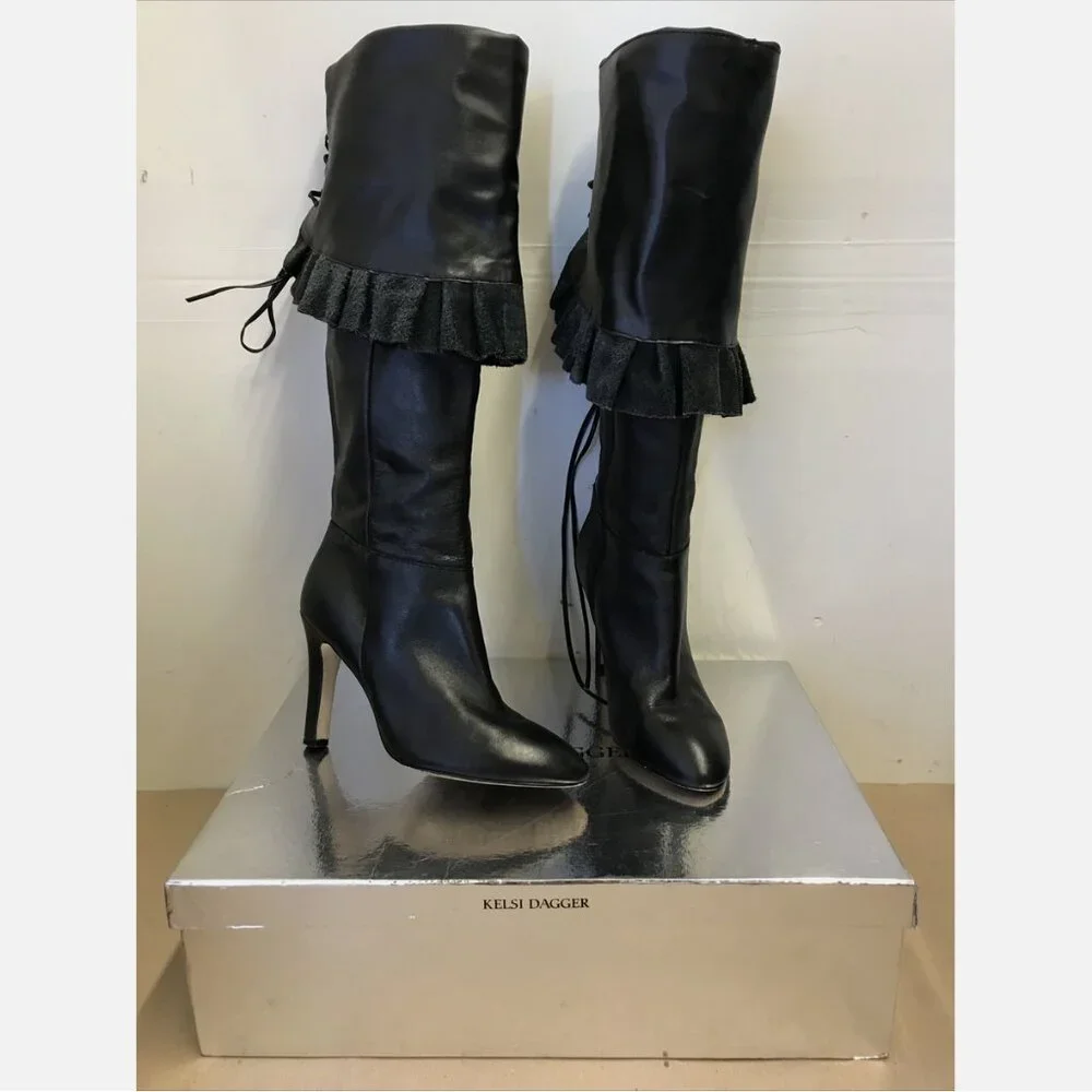 Kelsi Dagger Sophia Black Leather Over Knee Ruffle Boots